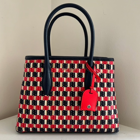 EUC Kate Spade New York Red & Navy Eva Straw Top-Zip Satchel